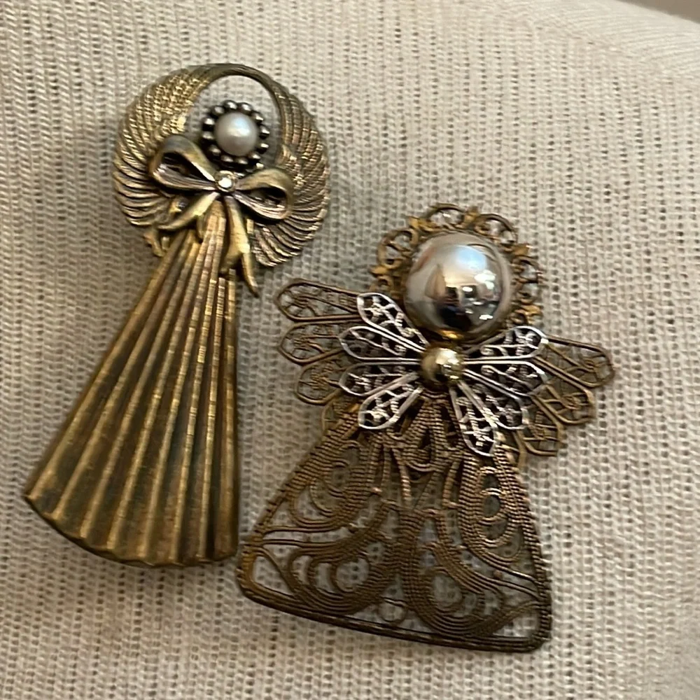 Vintage Brass Multi Metal Angel Brooch Set